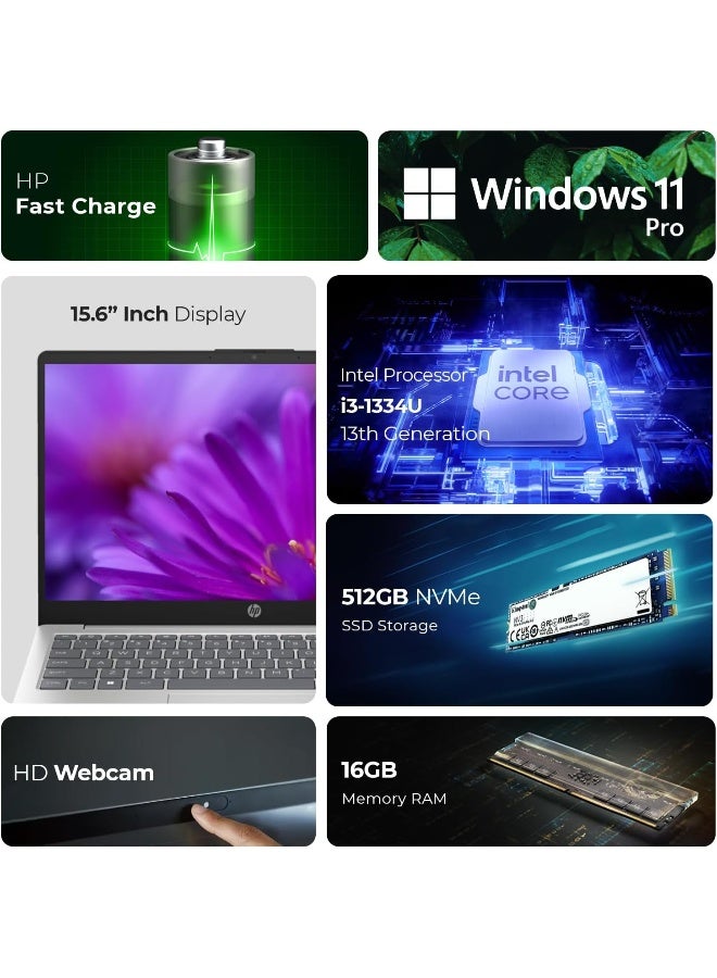 HP Laptop, core i3-1315U 13th Generation, 15.6" FHD Display, 8GB RAM, 512GB SSD, Windows 11 Pro, Webcam, Wi-Fi (Includes 128GB Flash Drive + Wireless Mouse + Antivirus + 1st Wave Mouse Pad) - 250 G9 English Silver - Image 3