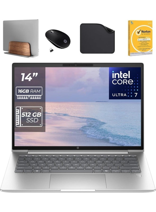 HP 14" office Laptop ProBook 440 G11, Intel Ultra 7-155U, 16GB DDR5 RAM, 512GB SSD, Win11 Pro, 1080p FHD Camera (Includes 1st Wave Laptop Stand + Wireless Mouse + Antivirus + Mouse Pad) – A22YBEA English Silver - Image 1