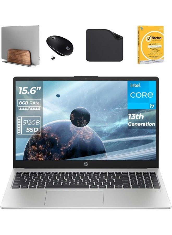HP 15.6" FHD Display, 13th Generation Intel Core i7-1355U, 32GB RAM - 512GB SSD, Win11 Pro, 1080p FHD Camera (Includes 1st Wave Stand + Wireless Mouse + Antivirus + Mouse Pad) - 250 G10 - 967U6ET English Silver - Image 1