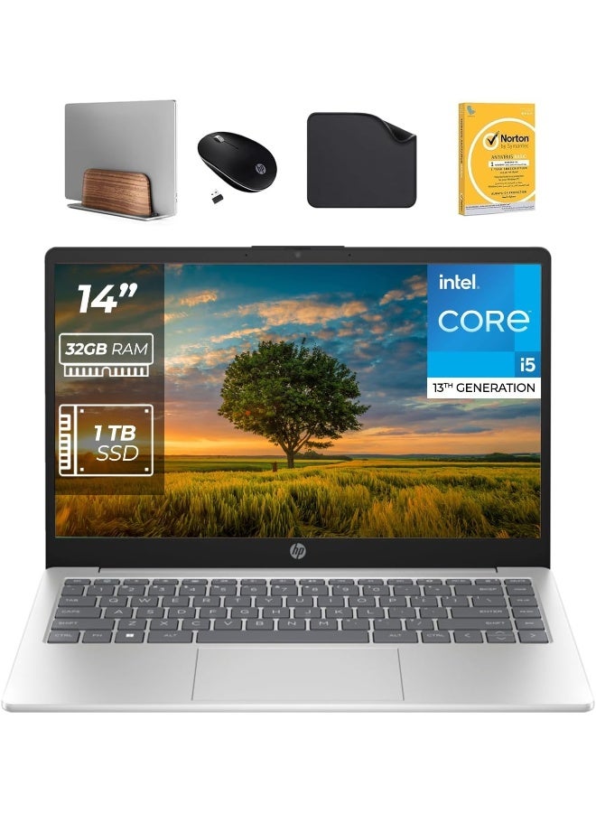 HP 14 inch Laptop – FHD Display, Webcam, Wi-Fi – 13th Generation Intel i5-1335U, 32GB RAM, 1TB SSD, Window 11 Pro (Includes 1st Wave Laptop Stand + Wireless Mouse + Antivirus + Mouse Pad) EP0122NIA English Silver - Image 1
