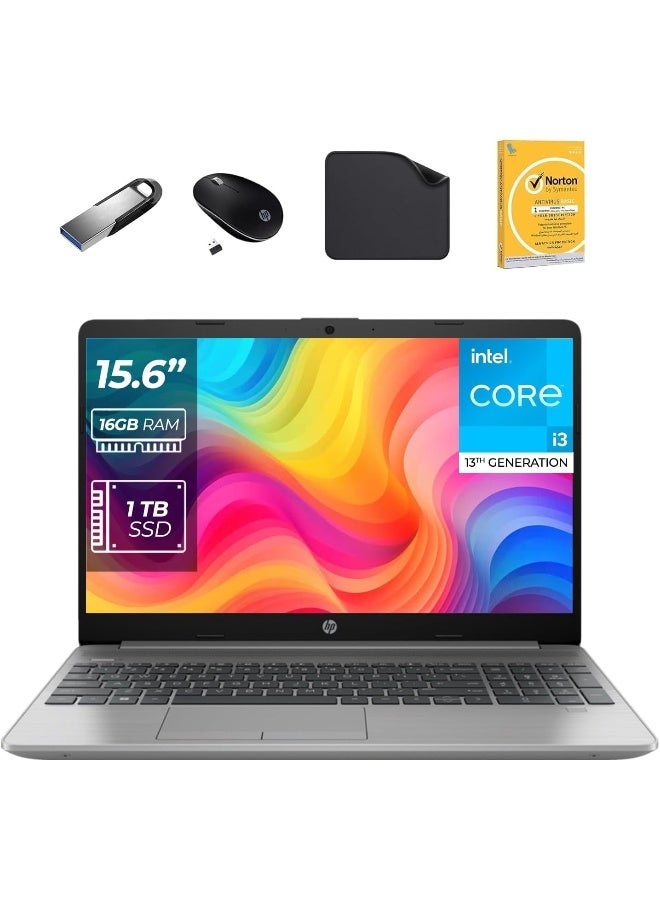 HP Laptop, core i3-1315U 13th Generation, 15.6" FHD Display, 16GB RAM, 1TB SSD, Windows 11 Pro, Webcam, Wi-Fi (Includes 128GB Flash Drive + Wireless Mouse + Antivirus + 1st Wave Mouse Pad) - 250 G9 English Silver - Image 1