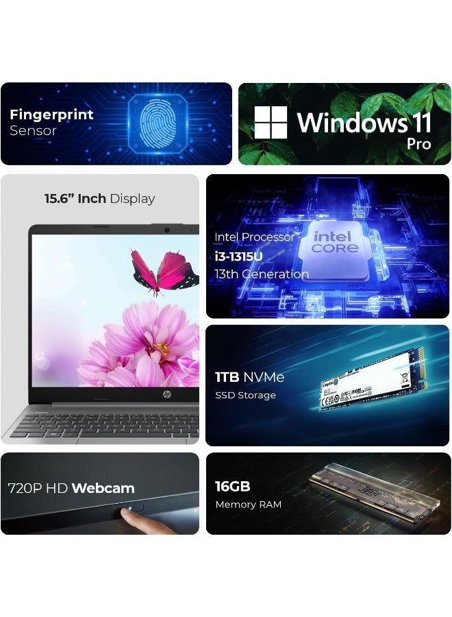 HP Laptop, core i3-1315U 13th Generation, 15.6" FHD Display, 16GB RAM, 1TB SSD, Windows 11 Pro, Webcam, Wi-Fi (Includes 128GB Flash Drive + Wireless Mouse + Antivirus + 1st Wave Mouse Pad) - 250 G9 English Silver - Image 3