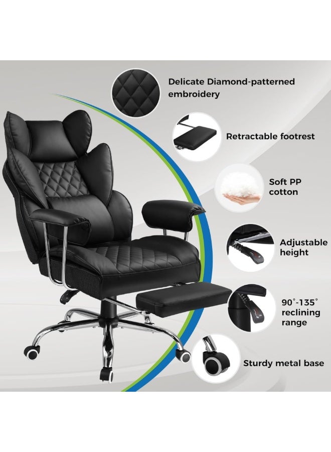 GTPLAYER Big & Tall Home Office Chair with Pocket Spring Lumbar Support, Ergonomic Comfortable Wide Office Desk Computer Gaming Chair with Outward Fixed Soft Armrests & Footrest PU Leather, black - Image 3