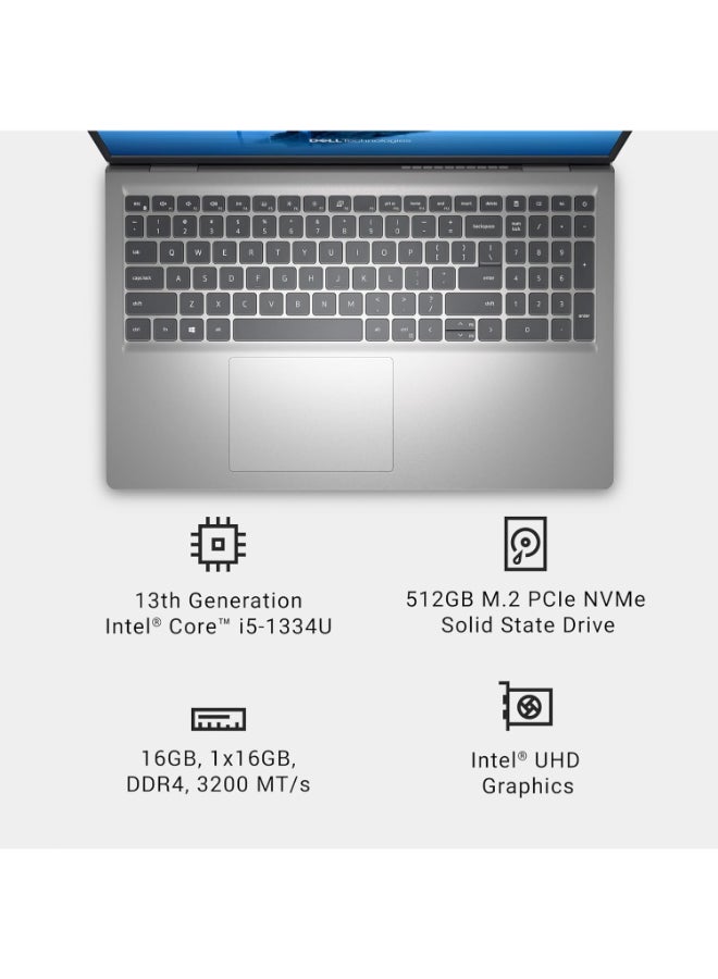 ديل 15 Laptop With 15.6 Inch Full HD (1920X1080) Display, Intel Core i5-1334U Processor/16GB DDR4 RAM/512GB SSD/Intel UHD Graphics/Windows 11/ English/Arabic Platinum Silver - Image 4