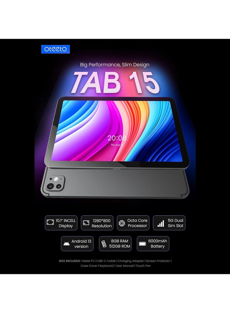 OTEETO TAB 15 10.1" Android Tablet, 8GB RAM 512GB ROM, 5G Dual SIM, Octa-Core, Android 13, Keyboard & Flip Cover - Image 5