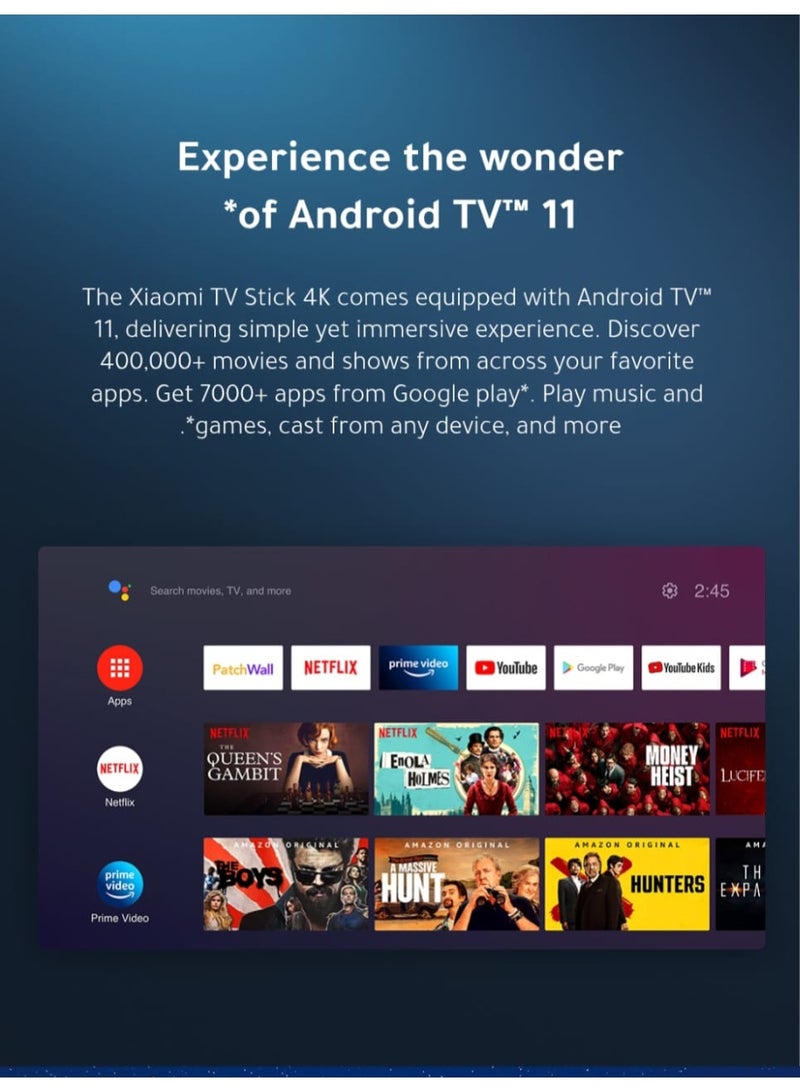 شاومي Mi TV Stick 4K Ultra HD Streaming Device, Android TV 11 with Google Assistant Voice Remote Control Streaming Media Player - Black - Image 3