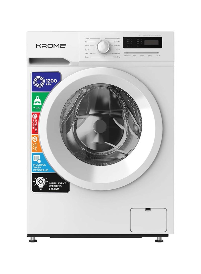 Krome 7 Kg Front Load Washing Machine, Inverter Motor, Steam Wash, 12 Wash Programs, Child Lock, Energy and Water Efficient 7 kg KR-WFL707WIS white - Image 1