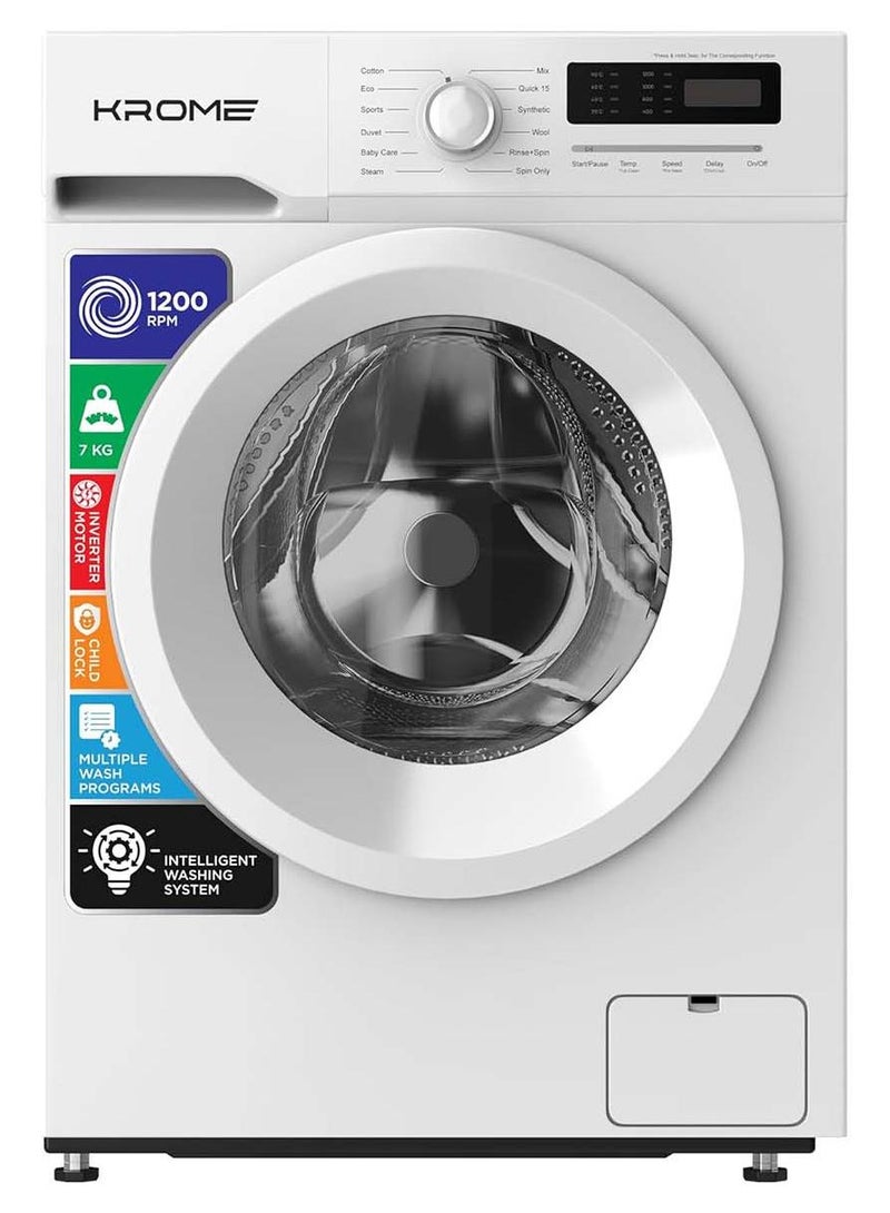 Krome 7 Kg Front Load Washing Machine, Inverter Motor, Steam Wash, 12 Wash Programs, Child Lock, Energy and Water Efficient 7 kg KR-WFL707WIS white - Image 1