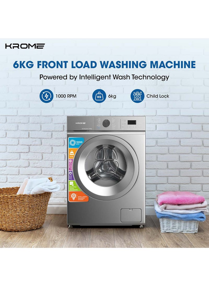 Krome 6 Kg Front Load Washing Machine with Inverter Motor, 1000 RPM, Steam Wash, 12 Programs, Intelligent Wash System, 6 kg KR-WFL60TSI1 Silver - Image 2
