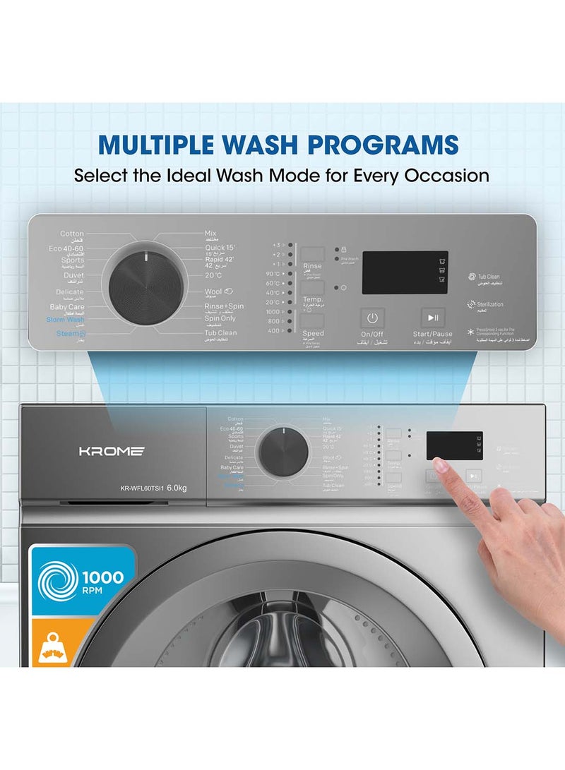Krome 6 Kg Front Load Washing Machine with Inverter Motor, 1000 RPM, Steam Wash, 12 Programs, Intelligent Wash System, 6 kg KR-WFL60TSI1 Silver - Image 4