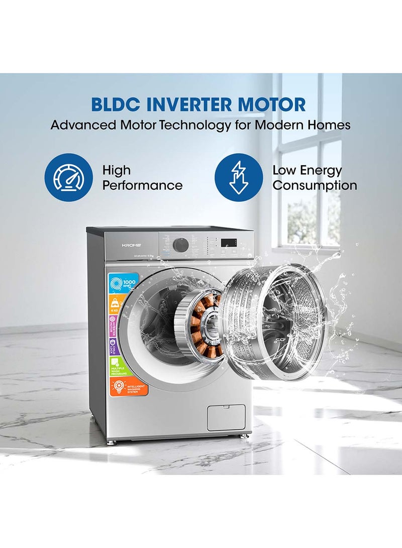 Krome 6 Kg Front Load Washing Machine with Inverter Motor, 1000 RPM, Steam Wash, 12 Programs, Intelligent Wash System, 6 kg KR-WFL60TSI1 Silver - Image 3