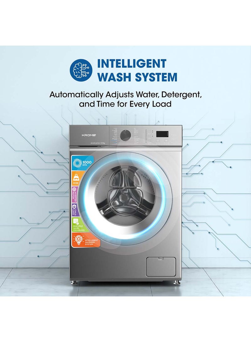 Krome 6 Kg Front Load Washing Machine with Inverter Motor, 1000 RPM, Steam Wash, 12 Programs, Intelligent Wash System, 6 kg KR-WFL60TSI1 Silver - Image 5