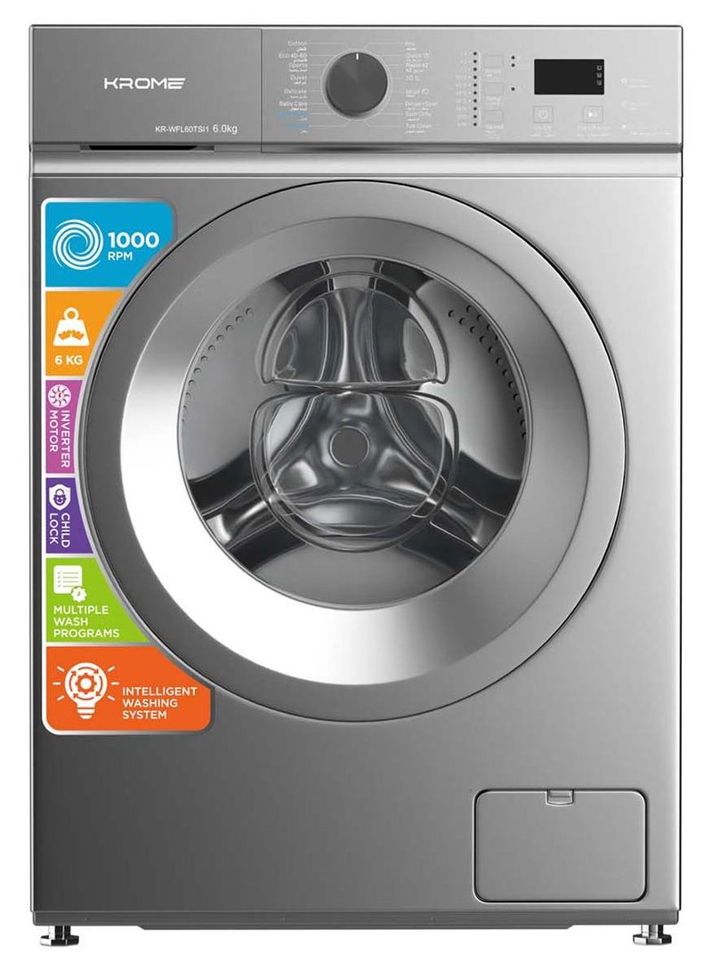 Krome 6 Kg Front Load Washing Machine with Inverter Motor, 1000 RPM, Steam Wash, 12 Programs, Intelligent Wash System, 6 kg KR-WFL60TSI1 Silver - Image 1