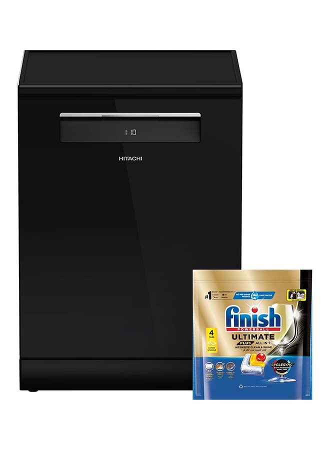 هيتاشي غسالة صحون قائمة بذاتها، 15 إعداد، 8 برامج، تشغيل صامت - نموذج HDF-F158CVGB + 15 عبوة مجانية من Finish Powerball Ultimate Plus (4 أقراص لكل عبوة). - Image 1