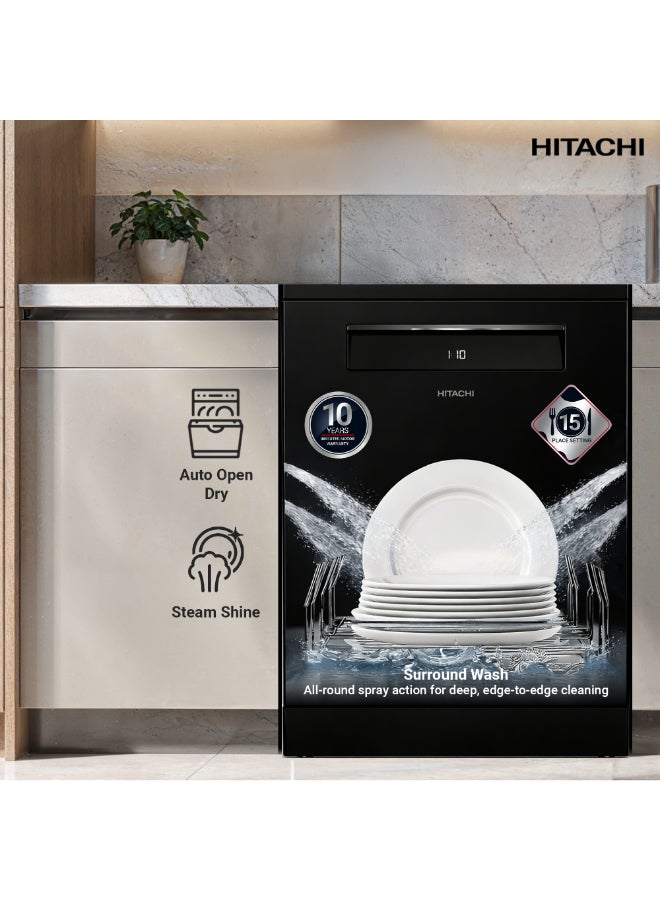 HITACHI Freestanding Dishwasher, 15 Place Settings, 8 Programs, Silent Operation - Model HDF-F158CVGB + FREE 15 Packs of Finish Powerball Ultimate Plus (4 Tabs Each Packet). 9.5 L HDF-F158CVGB black - Image 2
