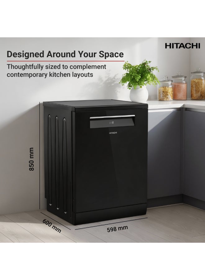HITACHI Freestanding Dishwasher, 15 Place Settings, 8 Programs, Silent Operation - Model HDF-F158CVGB + FREE 15 Packs of Finish Powerball Ultimate Plus (4 Tabs Each Packet). 9.5 L HDF-F158CVGB black - Image 4