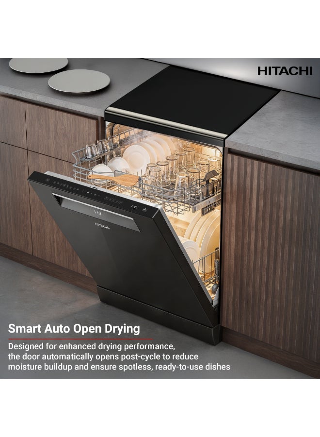 HITACHI Freestanding Dishwasher, 15 Place Settings, 8 Programs, Silent Operation - Model HDF-F158CVGB + FREE 15 Packs of Finish Powerball Ultimate Plus (4 Tabs Each Packet). 9.5 L HDF-F158CVGB black - Image 3