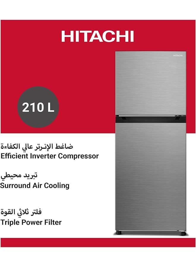 هيتاشي ثلاجة مزدوجة الأبواب بسعة 275 لتر، ثلاجة فريزر بدون صقيع، طاقة عالية، ضمان 10 سنوات على ضاغط العاكس، رفوف زجاجية مقسّاة، تبريد محيطي، إنوكس - Image 3