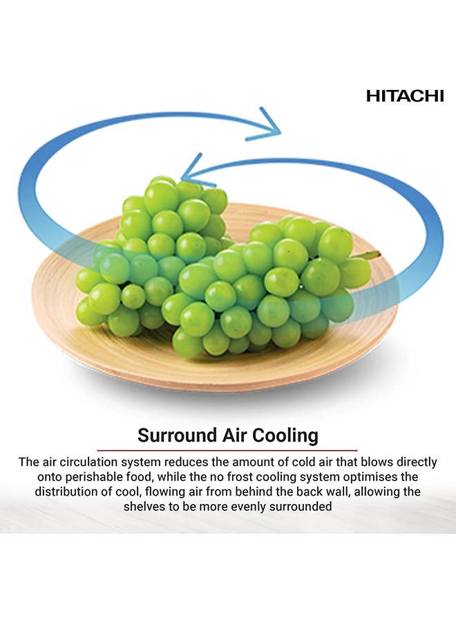 هيتاشي ثلاجة مزدوجة الأبواب بسعة 275 لتر، ثلاجة فريزر بدون صقيع، طاقة عالية، ضمان 10 سنوات على ضاغط العاكس، رفوف زجاجية مقسّاة، تبريد محيطي، إنوكس - Image 4