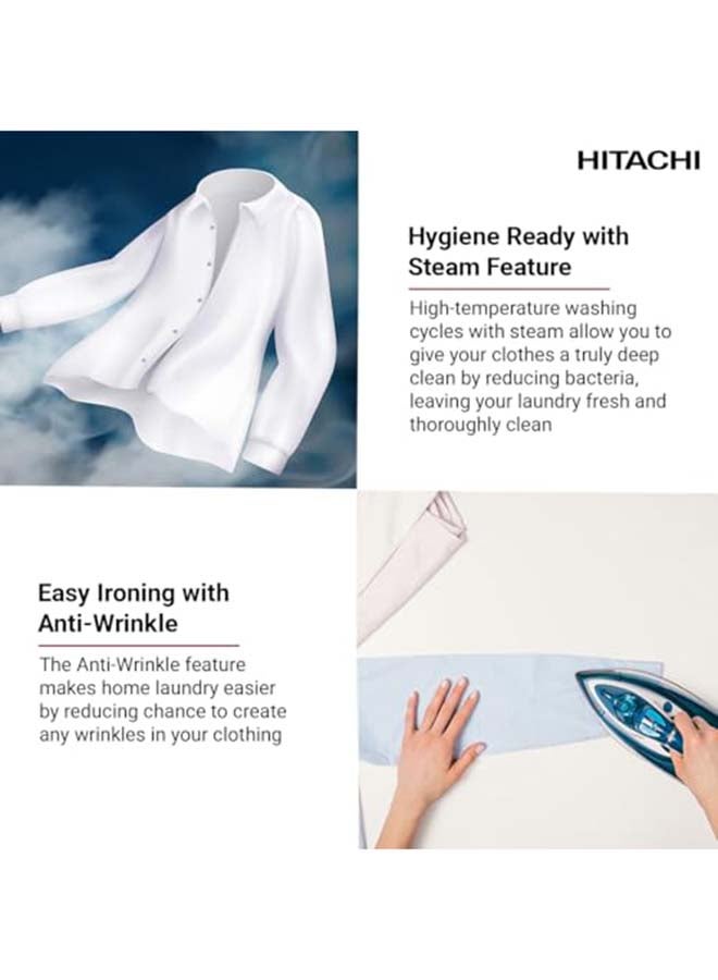 هيتاشي غسالة ومجفف تحميل أمامي 8 كجم غسيل / 5 كجم تجفيف، إنفيرتر، غسيل بالبخار، غسيل صحي ساخن، غسيل وتجفيف في 1 ساعة، مضاد للتجاعيد، لوحة LED تعمل باللمس | رمادي داكن | BD-D802HVOS - Image 5