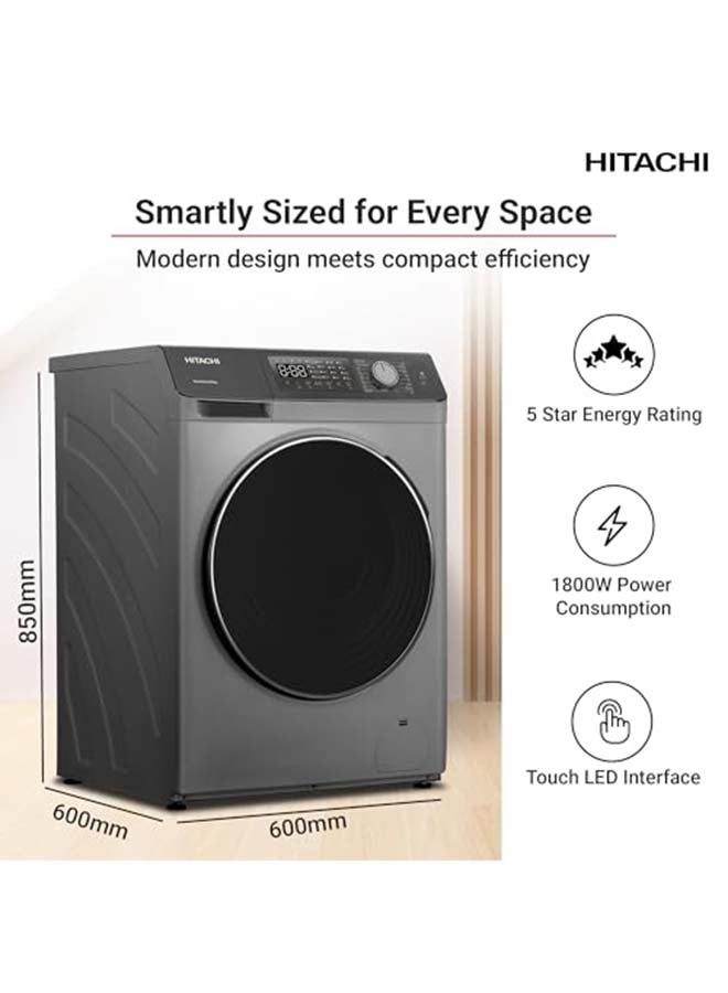 هيتاشي غسالة ومجفف تحميل أمامي 8 كجم غسيل / 5 كجم تجفيف، إنفيرتر، غسيل بالبخار، غسيل صحي ساخن، غسيل وتجفيف في 1 ساعة، مضاد للتجاعيد، لوحة LED تعمل باللمس | رمادي داكن | BD-D802HVOS - Image 3