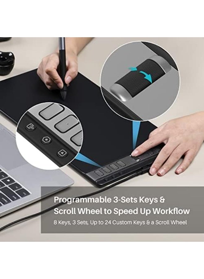 HUION Inspiroy 2 Large Drawing Tablet 10x6 Inch with Scroll Wheel and 3-Set 8 Customizable Keys, Battery-Free Stylus with 8192 Pressure Levels Black - Image 3