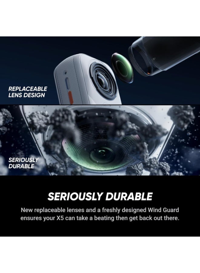 Insta360 X5 Stand Alone | 15M Waterproof 8K 360 Action Camera, Dual 1/1.28" Sensor, Low Light Capture, Wind Guard, Replaceable Lens, 185 Mins Battery Life, AI Editing, Auto Stabilization - Satin White - Image 3