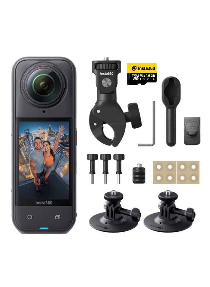 Insta360 X5 Motorcycle Bundle | 15M Waterproof 8K 360 Action Camera, Dual 1/1.28" Sensor, Low Light Capture, Wind Guard, Replaceable Lens, 185 Mins Battery Life, AI Editing, Auto Stabilization - Black - Image 1