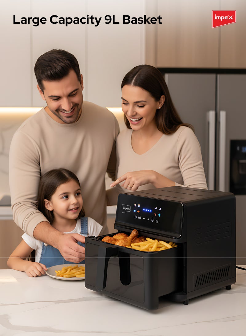 Impex 9L Digital Air Fryer | 1800W Powerful Oil-Free Air Fryer with 8 Preset Menus | Fry, Grill, Roast, Steam & Bake | Transparent Viewing Window, LED Touch Display, Adjustable Temperature up to 200°C, Cyclonic Airflow, Dishwasher-Safe Accessories | AF4309 9 L 1800 W AF4309 black - Image 5