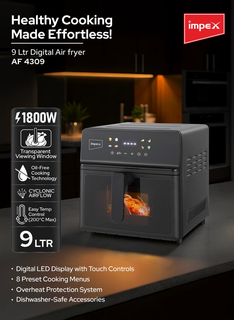 Impex 9L Digital Air Fryer | 1800W Powerful Oil-Free Air Fryer with 8 Preset Menus | Fry, Grill, Roast, Steam & Bake | Transparent Viewing Window, LED Touch Display, Adjustable Temperature up to 200°C, Cyclonic Airflow, Dishwasher-Safe Accessories | AF4309 9 L 1800 W AF4309 black - Image 2