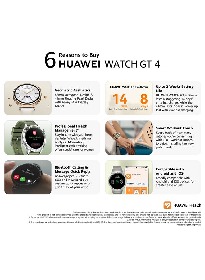 هواوي ساعة ذكية GT4 مجددة 46 مم، عمر بطارية يصل إلى 2 أسبوع، تحديد المواقع بنظام GNSS بخمسة أنظمة مزدوجة النطاق، تحليل عدم انتظام ضربات القلب، مراقبة صحية على مدار الساعة، متوافقة مع أندرويد و iOS - Image 3