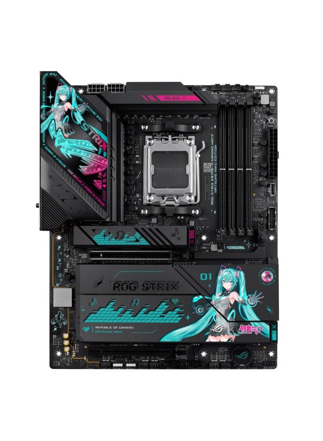 أسوس ROG Strix X870E-H Gaming WiFi 7 AM5 ATX Motherboard, Hatsune Miku Edition, AMD X870E Chipset, Ryzen 7000/8000/9000 Series Support, Up to DDR5 256GB, PCIe 5.0, USB4, 4× M.2, 5Gb Ethernet, WiFi 7, AI Overclocking & Cooling, Aura Sync RGB | 90MB1MA0-M0EAY0 Blue/Black - Image 1