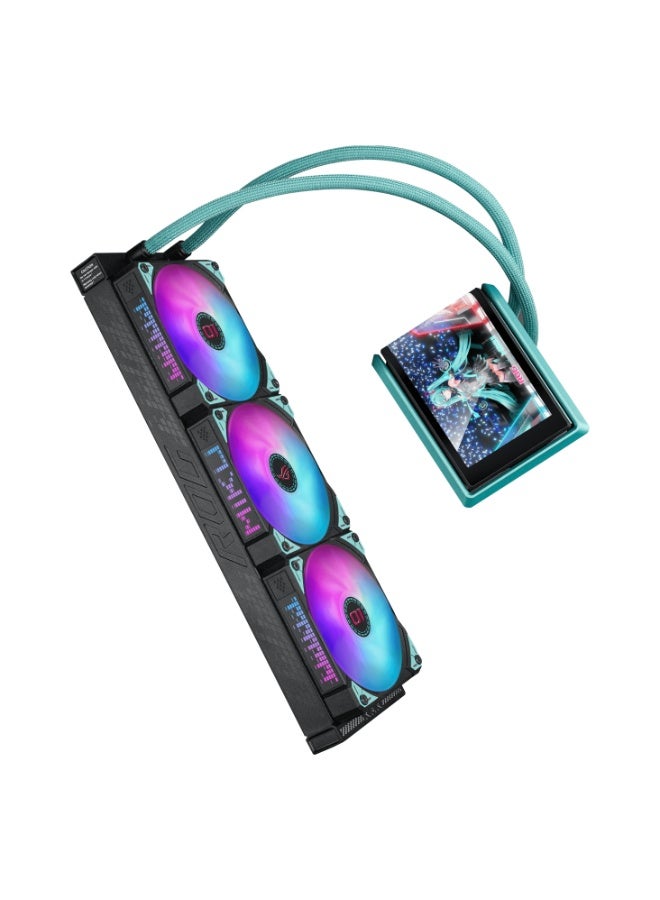 ASUS ROG Ryuo IV 360 ARGB Hatsune Miku Edition AIO CPU Liquid Cooler, 6.67″ Curved AMOLED Display, 3x 120mm ARGB Fans, AM4/AM5 & LGA 1700/1851 Compatible, Aura Sync, High-Performance Cooling, Custom GIF/Video Support | 90RC01P1-B0EAY0 Blue/Black - Image 4