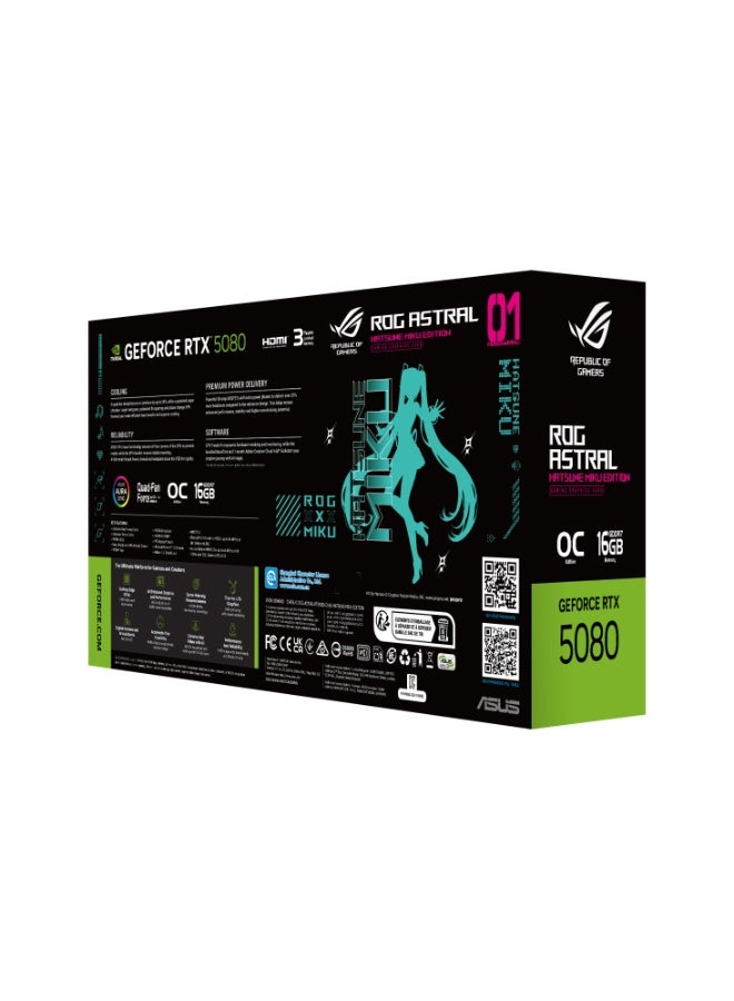 أسوس ROG Astral RTX 5080 16GB GDDR7 OC Hatsune Miku Edition PCIe 5.0 Graphics Card – 10,752 CUDA Cores, 2,790MHz Boost, 256-bit, DisplayPort 2.1b & HDMI 2.1b, Quad-Fan Cooling, Dual BIOS, ARGB RGB Lighting | 90YV0LV9-M0NM00 Blue/Black - Image 2