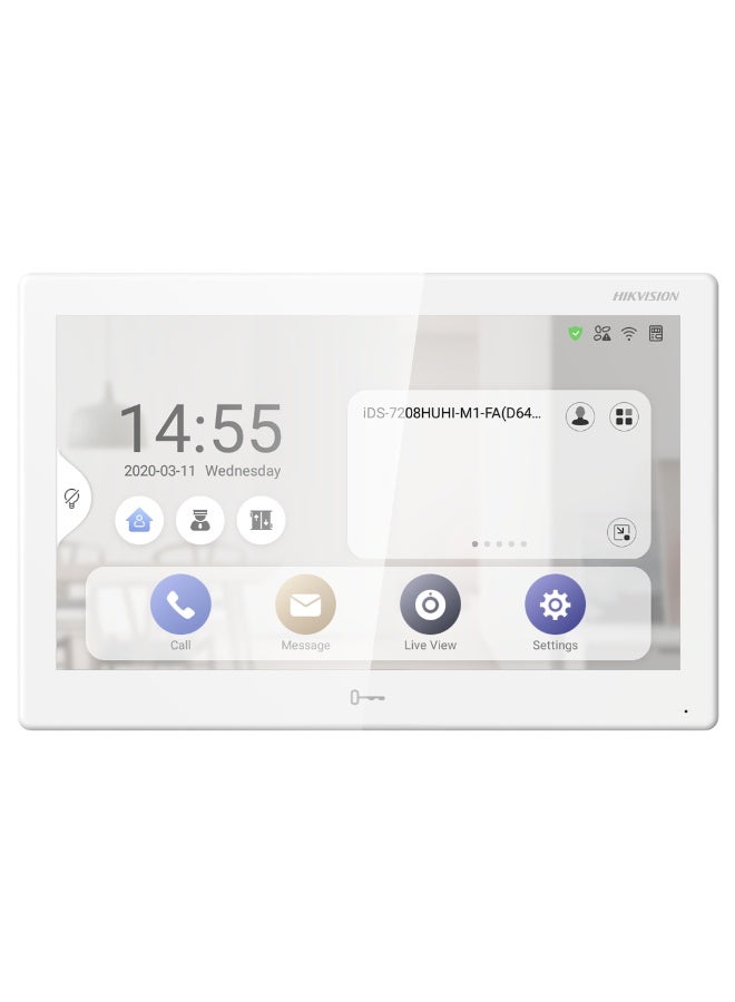 HIKVISION DS-KH9510-WTE1 10.1-Inch White Touchscreen Indoor Station, Android OS, 1024×600 IPS Display, Built-in Wi-Fi, PoE/12V DC Power, 8 Alarm Inputs, RS-485 Interface, TF Card Support up to 128GB, Relay & Lock Control, Hik-Connect App Integration, Surface Mount, White - Image 1