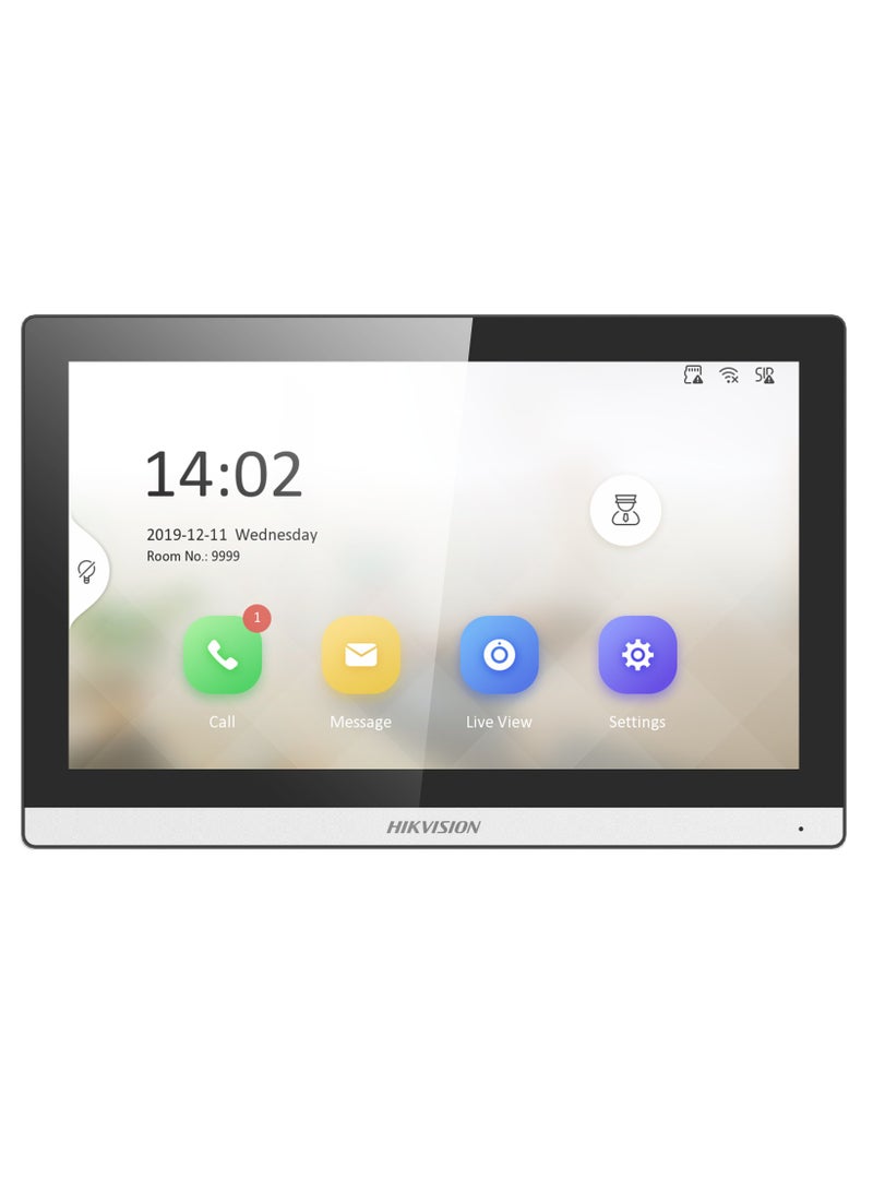 HIKVISION DS-KH6350-WTE1 7-Inch IP Indoor Video Intercom Monitor, Touchscreen, Wi-Fi, PoE, 1024×600 Resolution, Built-in Loudspeaker & Microphone, 8-Channel Alarm Input, 256 GB MicroSD Support, Remote Unlock, Message & Video Recording, SIP Protocol, Android System, Wall-Mount Design | White - Image 1