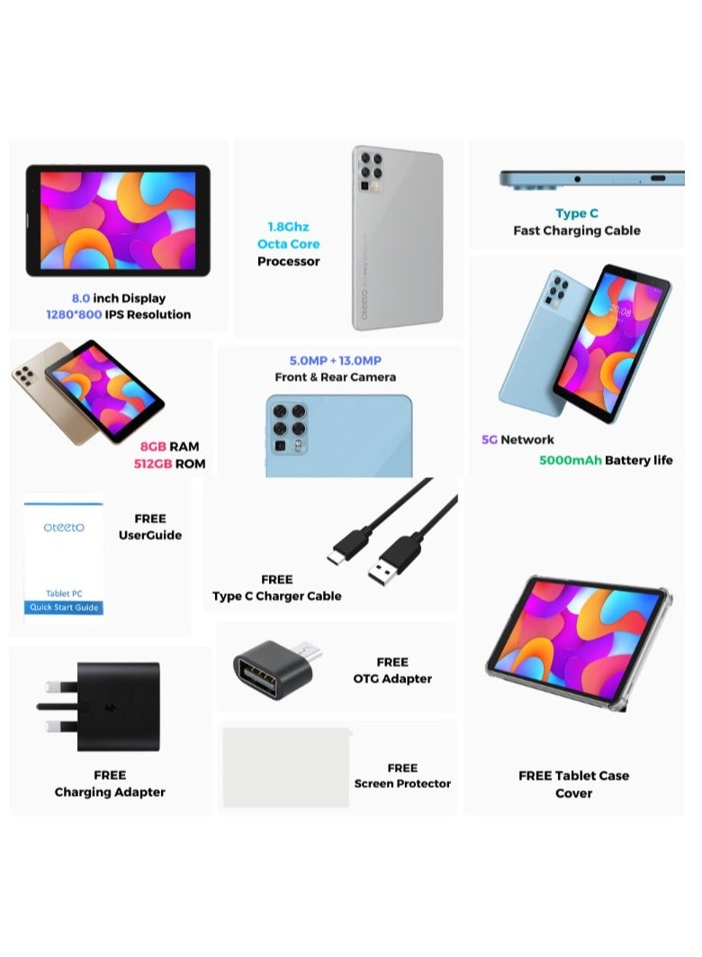 Oteeto Tab 8 Pro 5G Android Tablet with 8-Inch Display 8GB RAM 512GB ROM and 3000 mAh Battery - Blue - Image 3