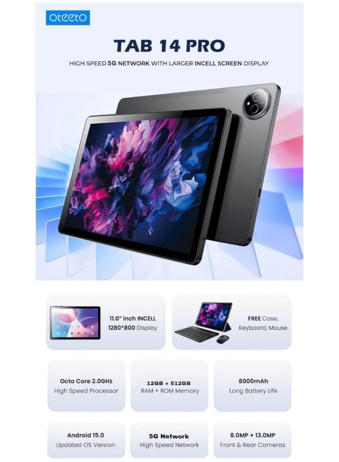 Oteeto TAB 14 Pro 11-Inch Display Android Tablet with 12GB RAM + 512GB ROM 8000mAh Battery Keyboard and Mouse - Grey - Image 2
