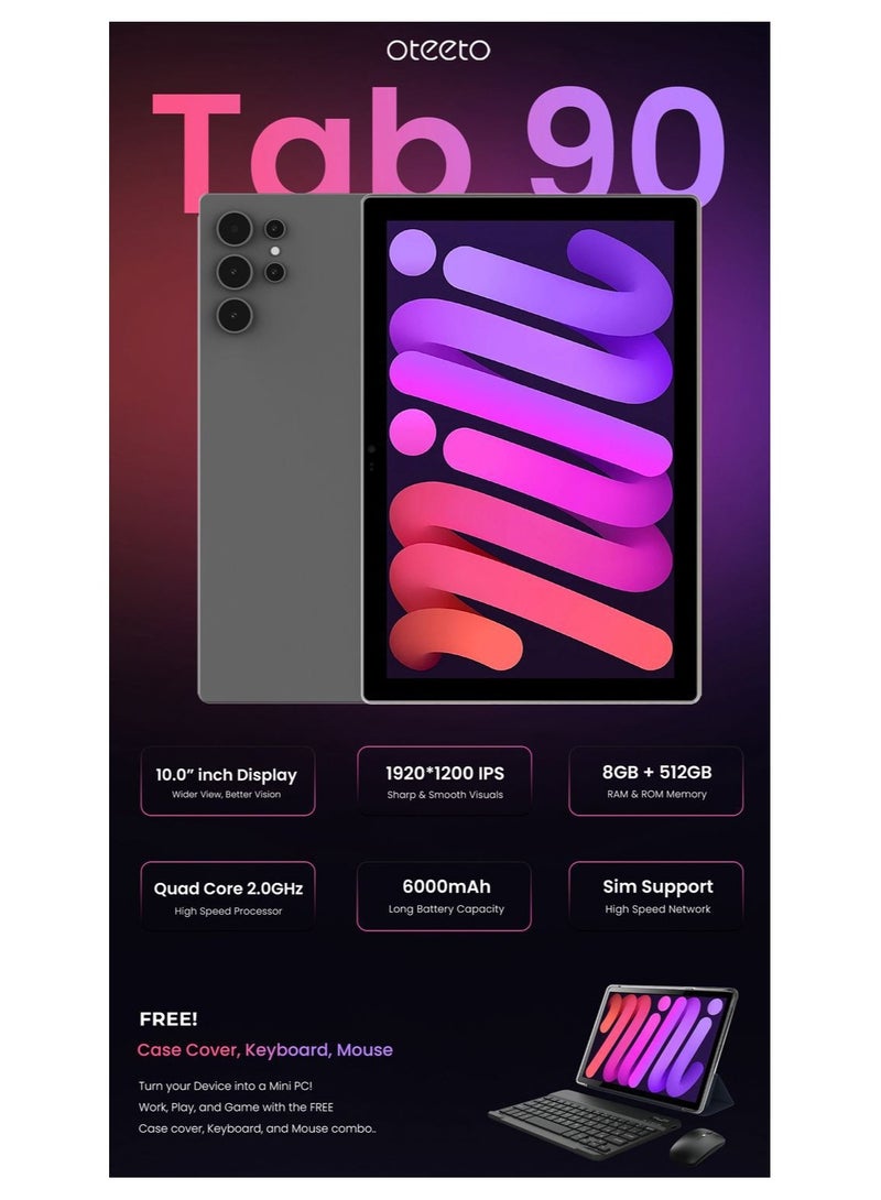 Oteeto Tab 90 10.1-Inch Android Tablet with 8GB RAM 512GB Storage, 6000mAh Battery Keyboard and Mouse Combo - Gold - Image 3