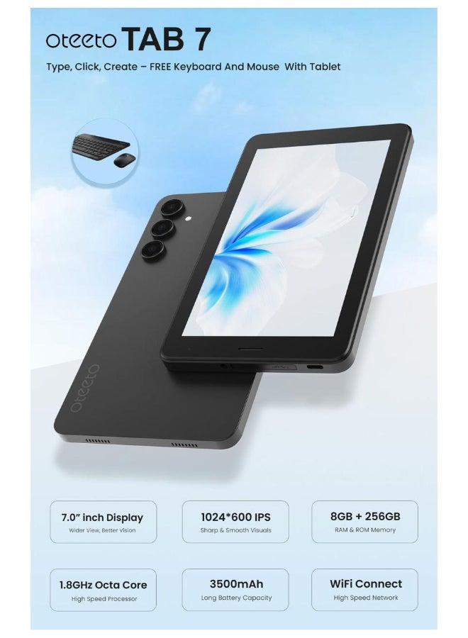 Oteeto TAB 7 7-Inch Display SIM Support Android Tablet With 8GB RAM + 256GB ROM 3500mAh Battery Keyboard & Mouse - Gold - Image 2