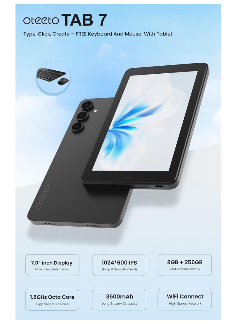 Oteeto TAB 7 7-Inch Display Android Tablet With 8GB RAM + 256GB ROM 3500mAh Battery Keyboard & Mouse - Blue - Image 2