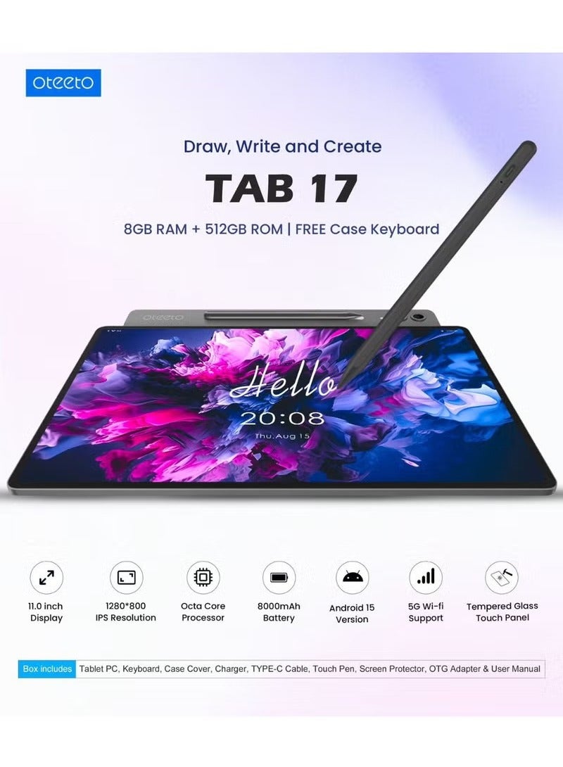 Oteeto TAB 17 11-Inch Android Tablet with 8GB RAM + 512GB ROM 8000mAh Battery Stylus & Keyboard - Grey - Image 2