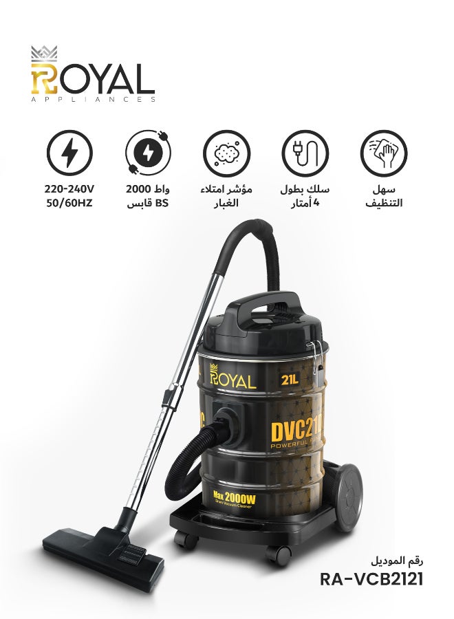 Royal Drum Vacuum Cleaner 21 Liters 2000 Watts Strong Suction Motor With Metal Telescope Tube | With Plastic Brush & Dust Bag | 2000 W Vacuum Cleaner RA-VCB2121 - Image 1