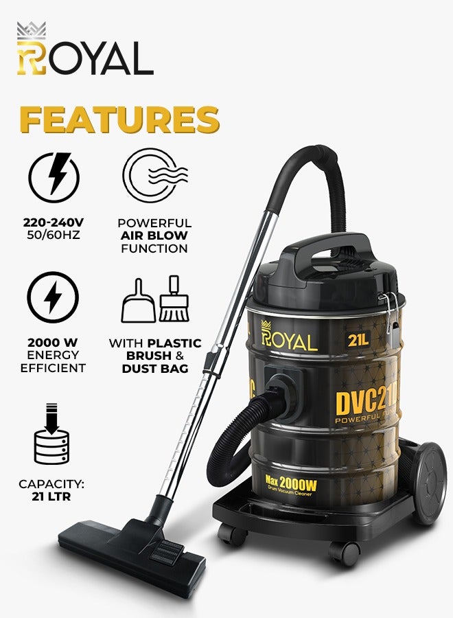 Royal Drum Vacuum Cleaner 21 Liters 2000 Watts Strong Suction Motor With Metal Telescope Tube | With Plastic Brush & Dust Bag | 2000 W Vacuum Cleaner RA-VCB2121 - Image 3