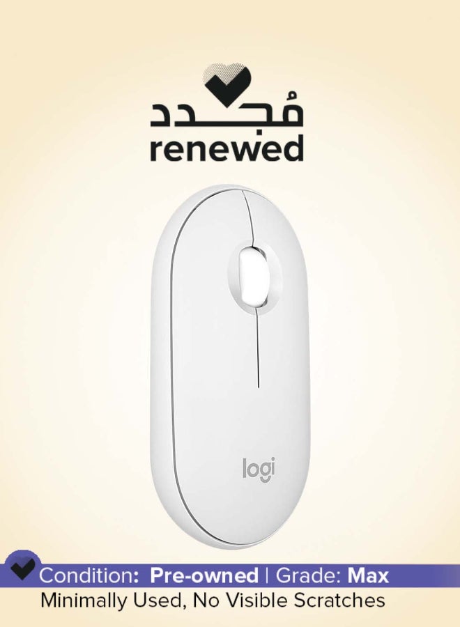 Logitech Renewed - Pebble Mouse 2 M350s Slim Bluetooth Wireless Mouse, Portable, Customisable Button, Quiet Clicks, 4K DPI, 24-month battery, Easy-Switch for Windows, macOS, iPadOS, Android, Chrome OS - White - Image 1