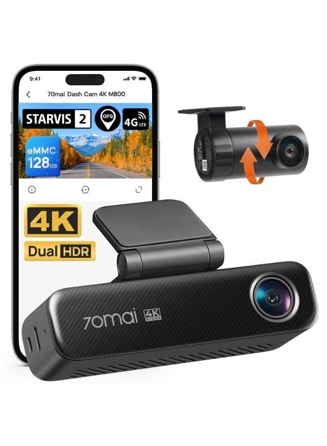 70 ماي كاميرا داش 4K M800 HDR مجموعة 128GB، أمامية وخلفية للسيارات، رؤية ليلية فائقة STARVIS 2 IMX678، فتحة F1.7، مزدوجة HDR، متوافقة مع 4G LTE، واي فاي 5GHz، ذاكرة مدمجة 128GB eMMC، GPS، تحكم صوتي، مراقبة وقوف السيارات - Image 1