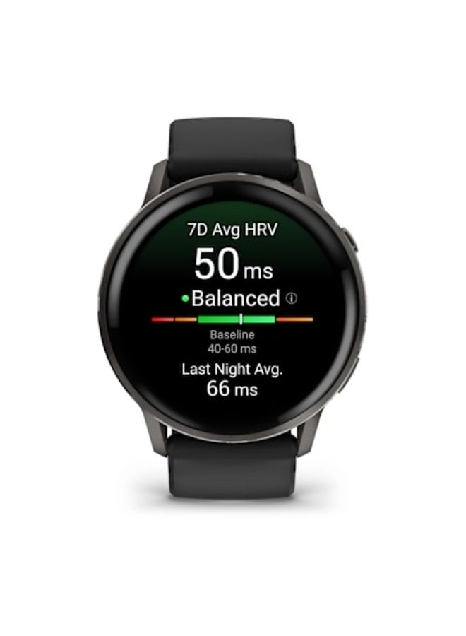 جارمين Venu 4 – 45 mm - Slate with Black Silicone Band , Upto 12 Days of Battery Life and Bright, Colorful 1.4 Inch Amoled Display , Lightweight 45MM Case with a Metal Design , iOS and Android compatible Black - Image 2