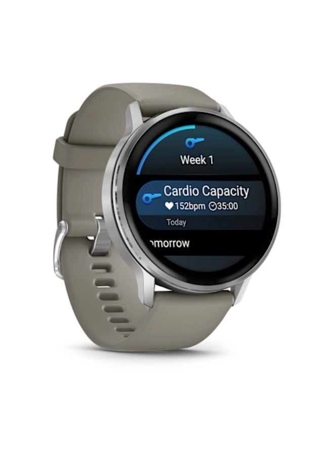 جارمين فينو 4 – 45 مم - إطار فضي مع حزام سيليكون رمادي فضي ، حتى 12 يومًا من عمر البطارية وشاشة أموليد ملونة ساطعة بحجم 1.4 بوصة ، علبة خفيفة الوزن بحجم 45 مم بتصميم معدني ، متوافقة مع iOS و Android - Image 3