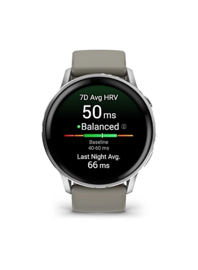 جارمين فينو 4 – 45 مم - إطار فضي مع حزام سيليكون رمادي فضي ، حتى 12 يومًا من عمر البطارية وشاشة أموليد ملونة ساطعة بحجم 1.4 بوصة ، علبة خفيفة الوزن بحجم 45 مم بتصميم معدني ، متوافقة مع iOS و Android - Image 2