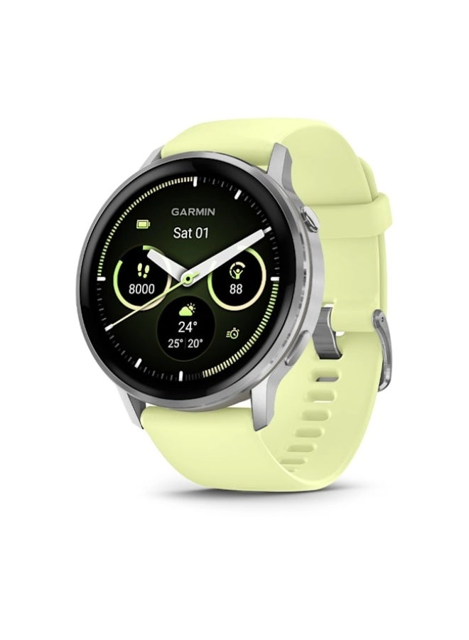 Venu 4 – 45 mm - Silver bezel with citron silicone band Upto 12 Days of Battery Life and Bright, Colorful 1.4 Inch Amoled Display , Lightweight 45MM Case with a Metal Design , iOS and Android compatible Citroen